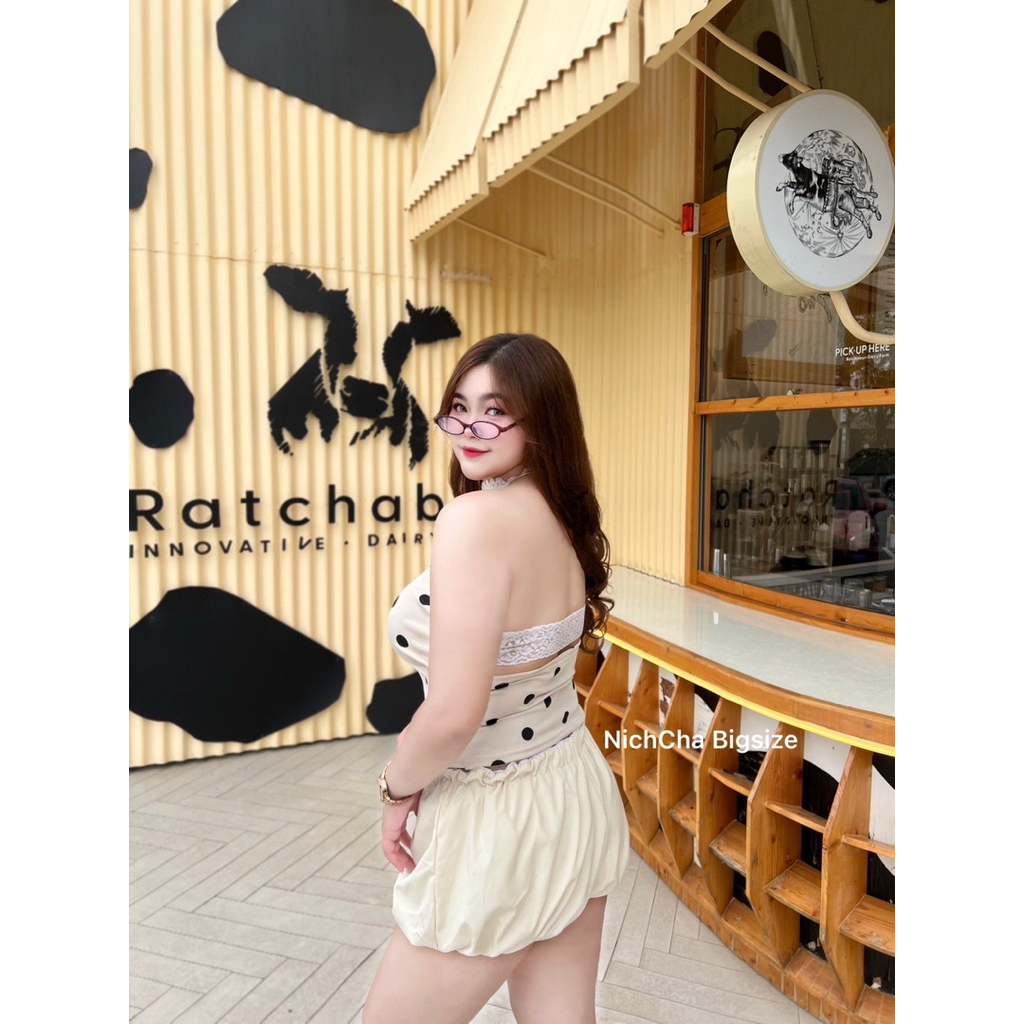 สาวอวบ ชุดเซท 2 ชิ้น เสื้อผูกคอ เว้าหลัง กางเกง Nich Cha - รูปที่ 2