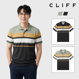 CLIFF เสื้อแขนสั้นสไตล์ธุรกิจชาย การต่อผ้าลายทาง เสื้อยืดคอป…