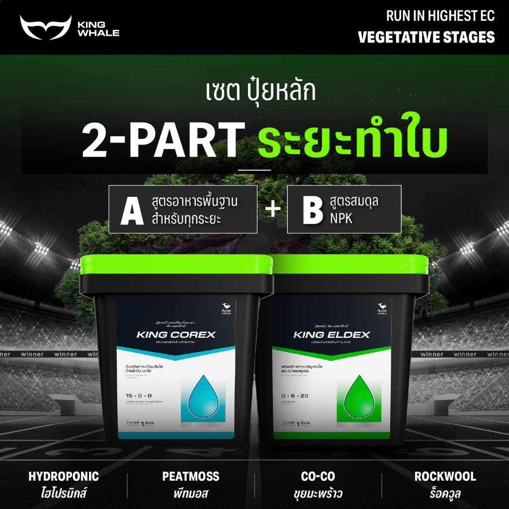 ชุดปุ๋ย AB สำหรับพืชใบ ช่วงทำใบทุกชนิด เร่งใบ โตไว แข็งแรง ดูดซึมไว| 2-PART Veg Stages (COREX + ELDEX) | ปุ๋ย KING WHALE