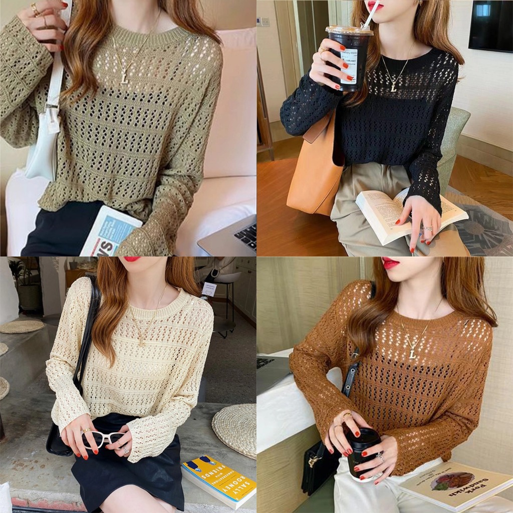 5สี เสื้อยืดผู้หญิง เสื้อแขนยาว ผ้าถักฉลุ ผ้ายืดได้ ใส่สบาย ออกแบบสวย ใส่แล้วดูผอม #1502417