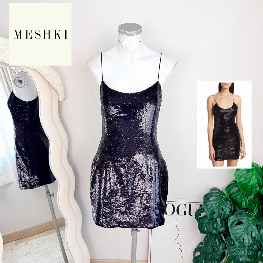 ไซด์ S มือ1 แบรนด์ Meshki แท้ 100%🌸เดรส สายเดี่ยว เกล็ดแน่น งานเกล็ดวิบวับ สีดำ ทรงเข้ารูป เดรสออกงา