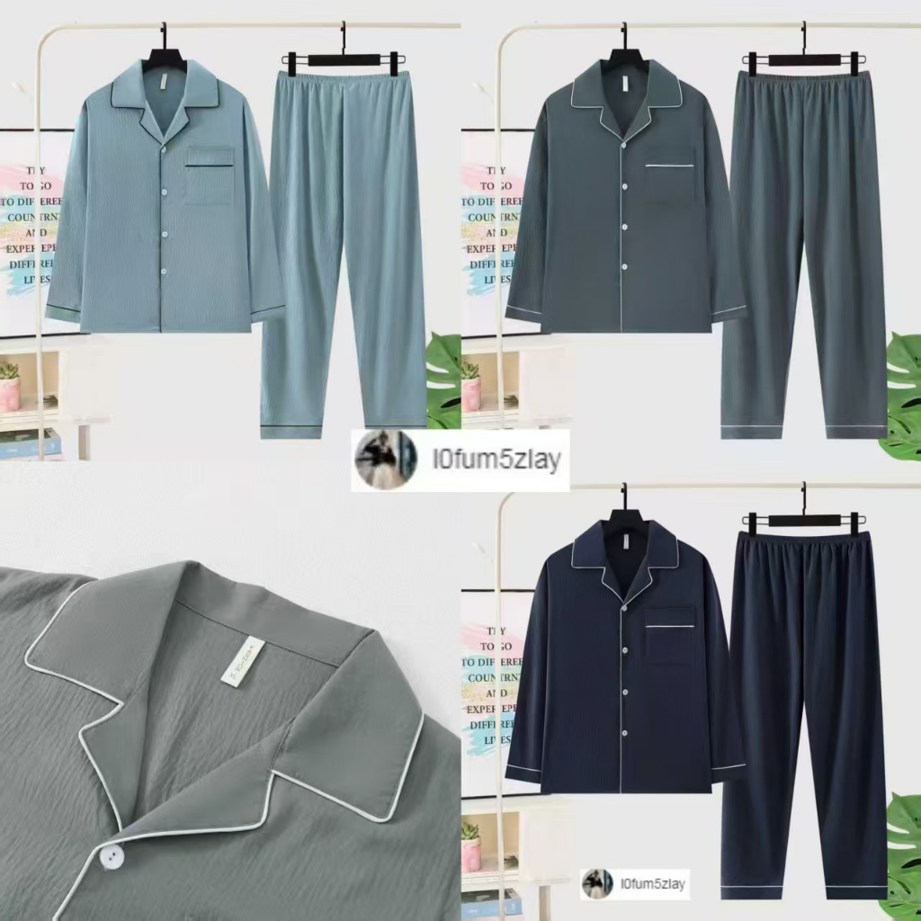 L-5XL(ราคาถูกที่สุด)ชุดนอนผู้ชาย，ชุดนอนผ้าฝ้ายลายเมฆ， ชุดนอนแขนยาวสีพื้น，ขายาว+เสื้อ