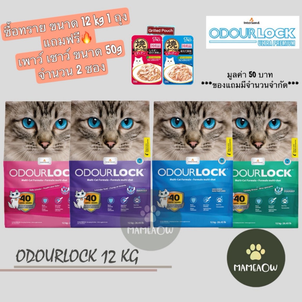 [แถม ciao 50g 2 ซอง] Odour Lock โอโดล็อก ผลิตจากประเทศแคนาดา ทรายแมว อัลตราพรีเมี่ยม  12 Kg