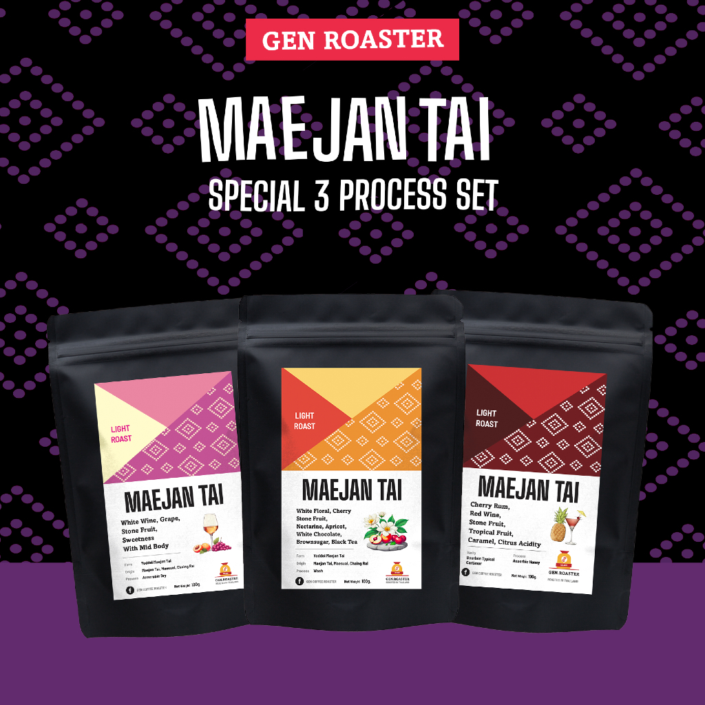 Set Mae Jan Tai เซ็ตเมล็ดกาแฟแม่จันใต้คั่วอ่อน 3 Process 100 g. 3 ถุง