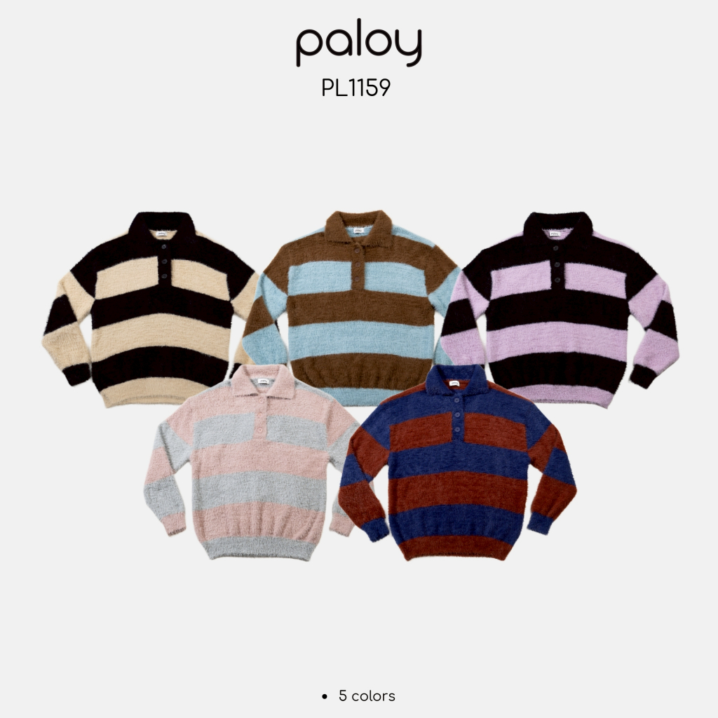 Paloy - PL1159 เสื้อไหมพรมตัวยาว คอปก แขนยาวยาวลายริ้ว