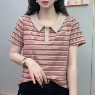 เสื้อยืดแขนสั้นตัวใหม่ฤดูร้อนสุดหรู เสื้อยืดแขนสั้น เสื้อกันหนาวลายทาง เสื้อยืดคอเต่าลายทาง เสื้อยืดแขนสั้นลายทาง เสื้อย