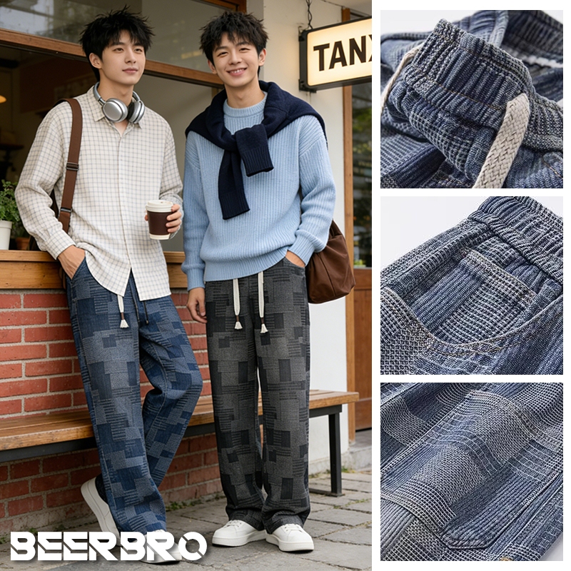 beerbroth-กางเกงยีนส์ผู้ชาย ลายสก๊อต เอวยางยืดมีผูกเชือก ขายาว ในยุโรป หรัฐอเมริกา แฟชั่น ขากระบอก สไตล์เกาหลี