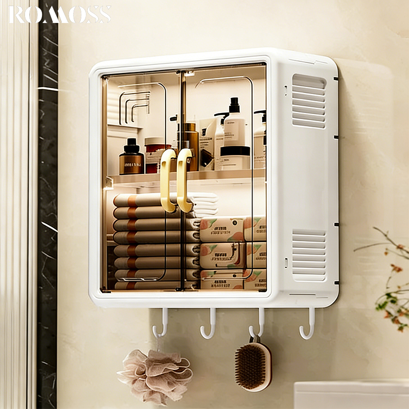 ROMO ตู้เก็บของติดผนัง ชั้นวางห้องน้ำ ตู้ติดผนังในห้องน้ำ ไม่เจาะผนัง กล่องใส่ทิชชู่ กันน้ำ