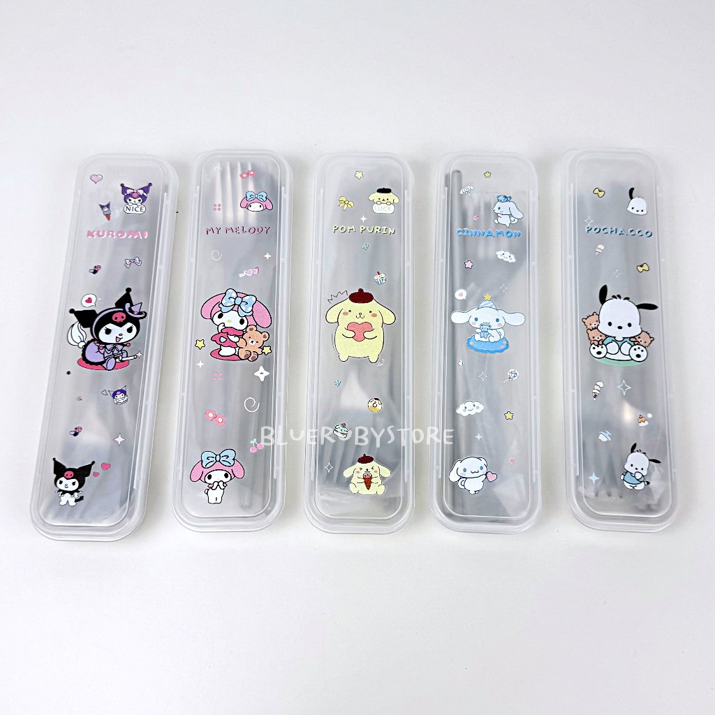 พร้อมส่ง💕 ชุดช้อนส้อมสแตนเลส พร้อมตะเกียบ ลายการ์ตูน ชุดช้อนส้อมพกพา พร้อมกล่อง