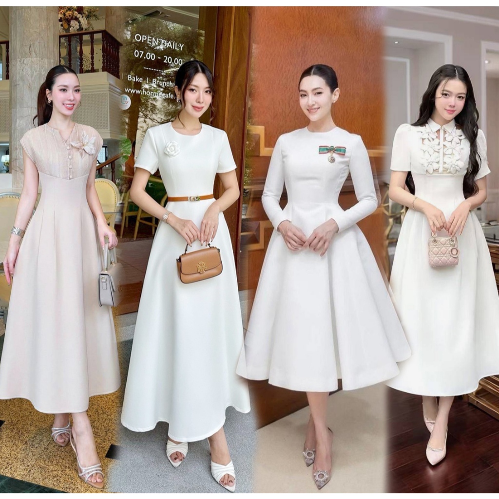 XS-XXL ชุดเดรสสีขาว ครีม ดำ ฟ้า แดง ชมพู กระโปรงทรงบาน #สไตล์เบลล่า ใส่ออกงาน,ใส่ทำบุญ
