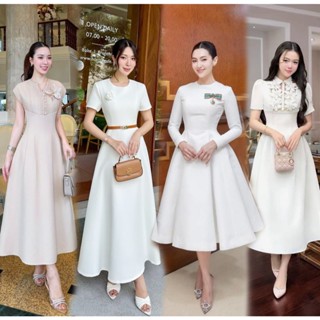 XS-XXL ชุดเดรสสีขาว ครีม ดำ ฟ้า แดง ชมพู กระโปรงทรงบาน #สไตล…