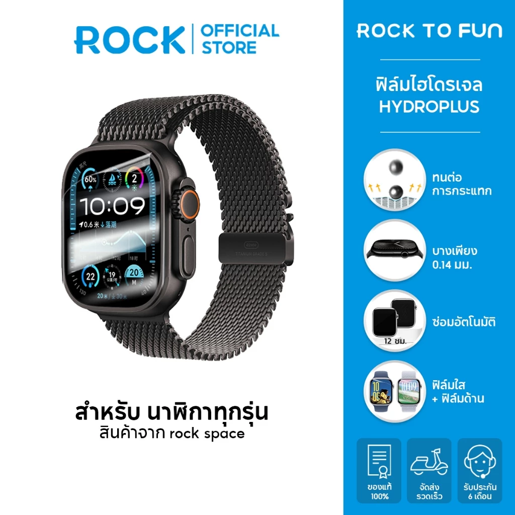 6*ชิ้น /rock space ฟิล์ม Apple Watch 10/9/8/7/6/5/4/Ultra/SE ไฮโดรเจล แอปเปิ้ลวอช ป้องกันรอยนิ้วมือ เคลือบสารระดับนาโน