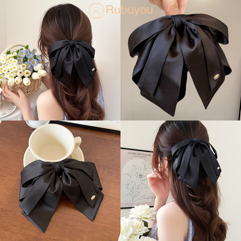Rubuyou กิ๊บรัดผมสไตล์หางม้า แบบโบว์ซาตินสีดำ เกาหลี แสงหรูหรา เหมาะสำหรับผู้หญิง เครื่องประดับผมแฟชั่น-COD