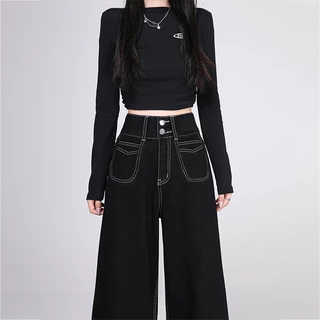 S-5XL กางเกงยีนส์ผู้หญิงเอวสูงสีดำทรงตรง ใส่สบายแบบลำลอง มีทุกไซส์