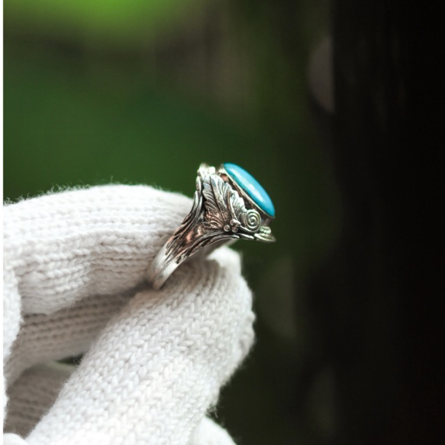 ((งานพรีออเดอร์))แหวนเทอร์คอยซ์แท้ ลายใบไม้ ขนาดหัว1.6cm