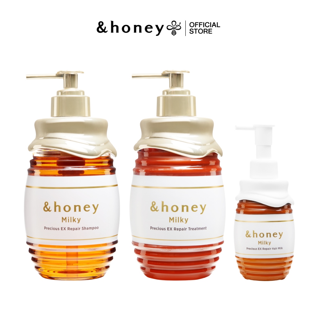[MILKY 3 STEPS SET 2] &HONEY MILKY PRECIOUS EX REPAIR SHAMPOO 500ML +  TREATMENT 500G + HAIR MILK 180G