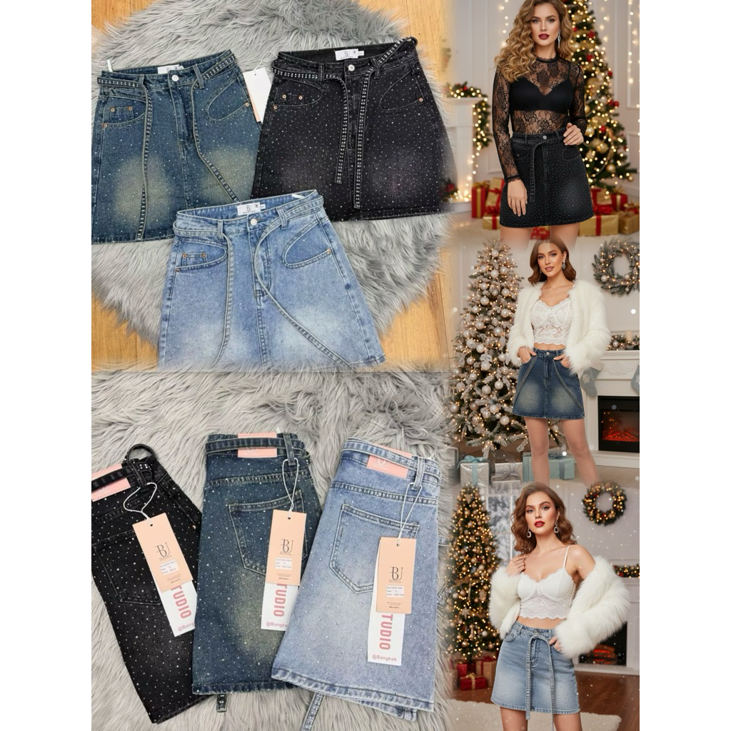 💎กระโปรงยีนส์เอวสูง“รุ่นกระเป๋าโค้ง”แต่งคริสตัลทั้งตัวรีดแน่น(เข็มขัดยีนส์รีดเพชร)ใส่เที่ยวคริสต์มาสปีใหม่ ใส่ปาตี้