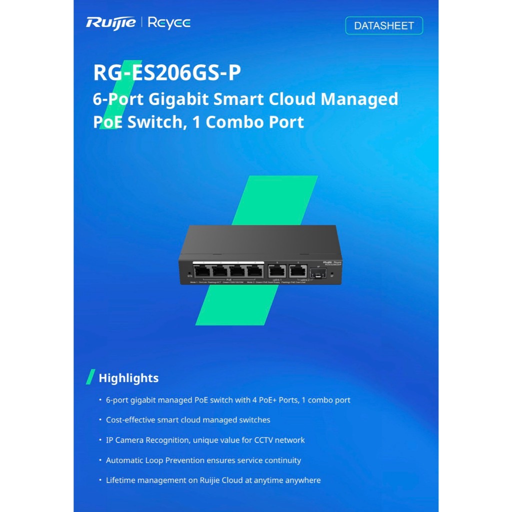 RG-ES206GS-P Reyee 6-Port Gigabit Smart Cloud Mananged PoE Switch