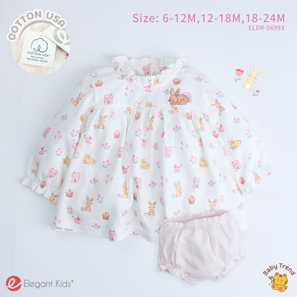 Elegant Kids ชุดลูกสาว 6-24 เดือน ชุดเดรสกระโปรงแขนตุ๊กตายาว Rabbit Cottage Coll