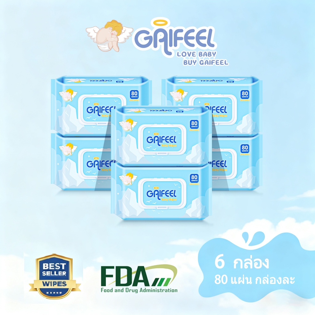 GAIFEEL ทิชชู่เปียกสำหรับทารก 80 แผ่น x 6 ห่อ (480 แผ่น)