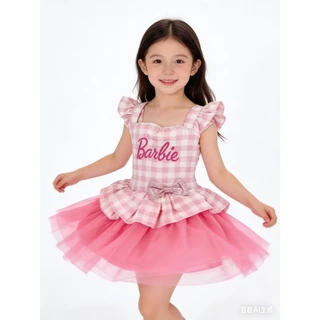 BB172 เดรสเด็กหญิงสไตล์เจ้าหญิง สีชมพูลายสก็อต กระโปรงฟูทูลล์ โบว์เอว น่ารักหวาน เสื้อผ้าเด็ก