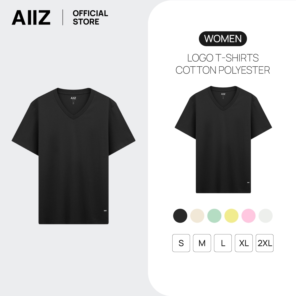 AIIZ (เอ ทู แซด) - AIIZ เสื้อยืดคอวีผู้หญิงสีพื้น โลโก้ AIIZ AIIZ Women’s Logo T-Shirt Cotton Polyes