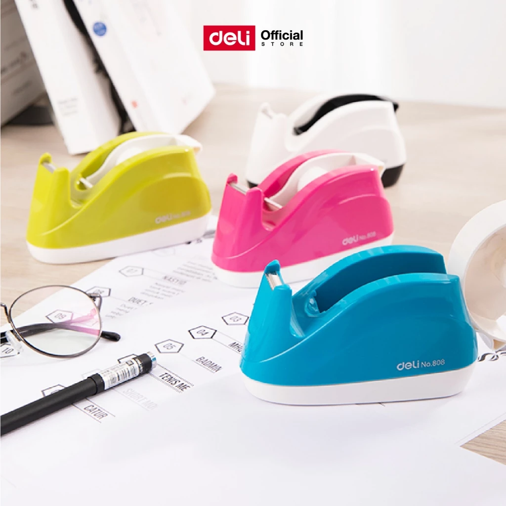 แท่นตัดเทป Deli 808 สีสันสดใส ใบมีดคม แข็งแรง ใช้งานสะดวก เหมาะสำนักงาน Tape Dispenser