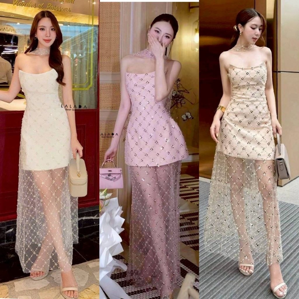LALADA เดรสออกงาน ด้านในเป็นเกาะอกตัวสั้น ด้านนอกแต่งด้วยผ้าตาข่าย ผ้าโชคเกอร์