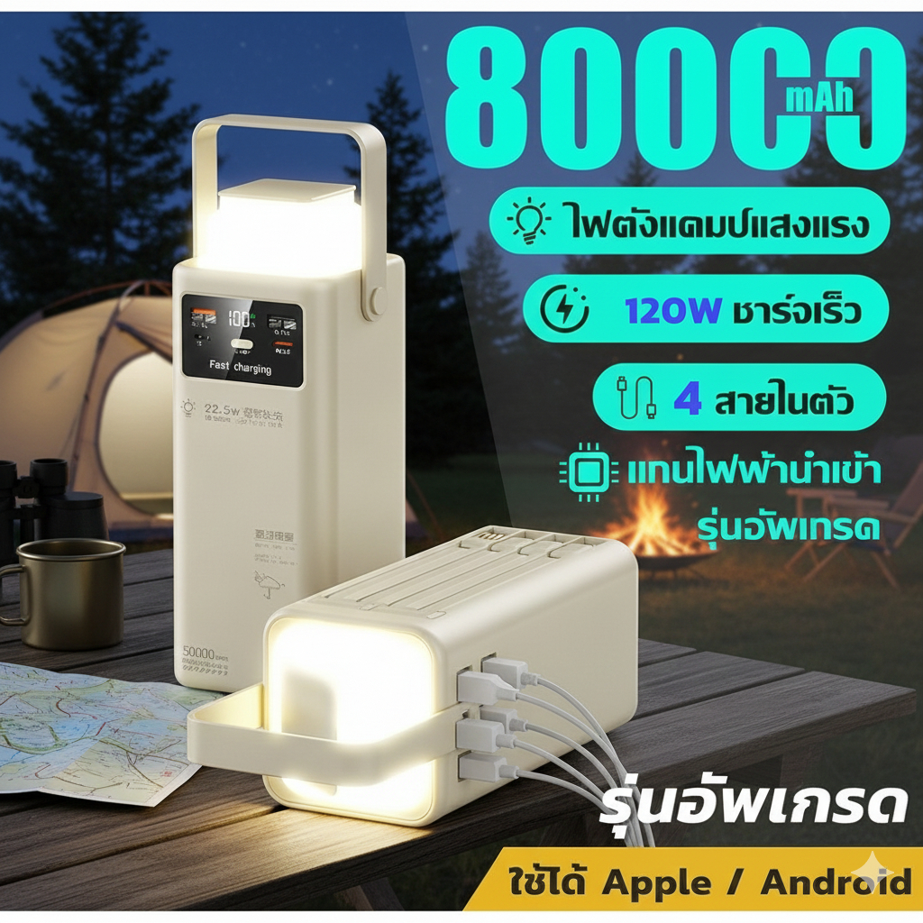 แบตสำรอง 80000mAh 120W ชาร์จเร็ว Power Bank ความจุใหญ่ มีสายในตัว 4 เส้น Type-C จอ LED ไฟฉาย/ไฟตั้งแ