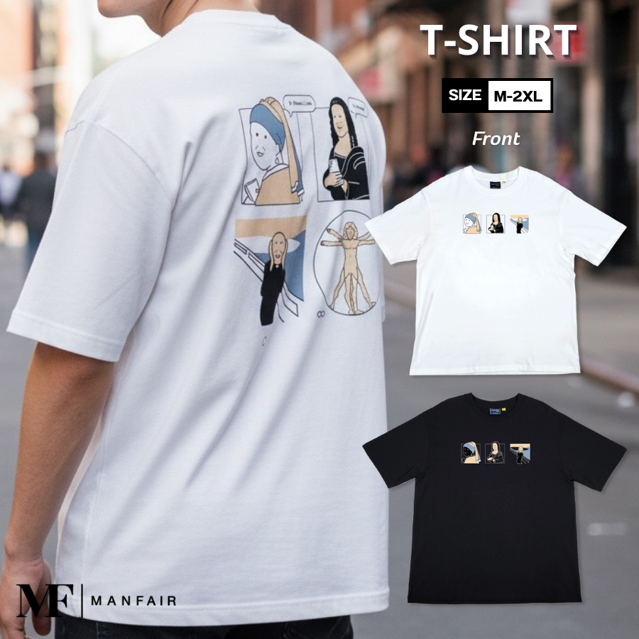 Manfair-เสื้อยืดคอกลมแขนสั้น ลาย Mona Lisa Print ผ้าคอตตอนแท้ สีขาว-สีดำ(MFT04)