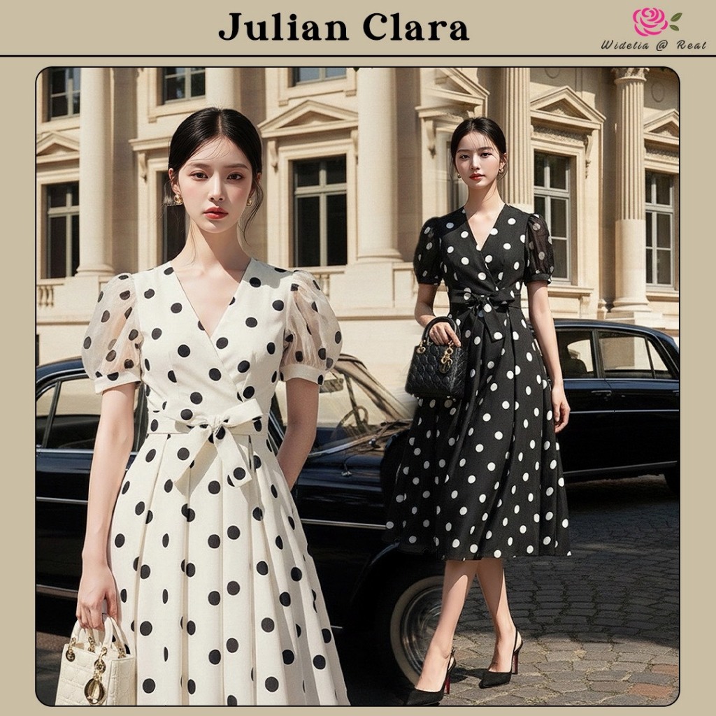 (Widelia มีXL) มี 2 สี Julian Clara Dress เดรสลายจุดผ้าดัชเชสเนื้อเงาทรงสวย ผูกโบว์หน้า แขนสั้นตุ๊กตา ซิปหลัง มีซับใน