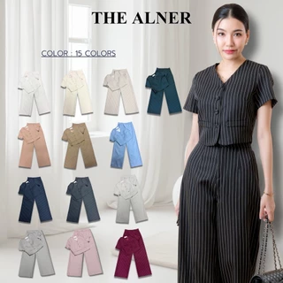 Thealner - Muse Striped fabric  AN191  (ชุดเซตลายริ้วกระดุมหน้า กางเกงขายาว)