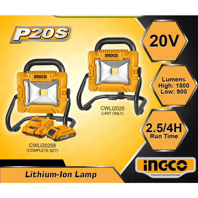 INGCO สปอร์ตไลท์ไร้สาย 20 V รุ่น SET-CWLI20258 รวมแบตและที่ชาร์จ / CWLI2025 เครื่องเปล่าไม่รวมแบต