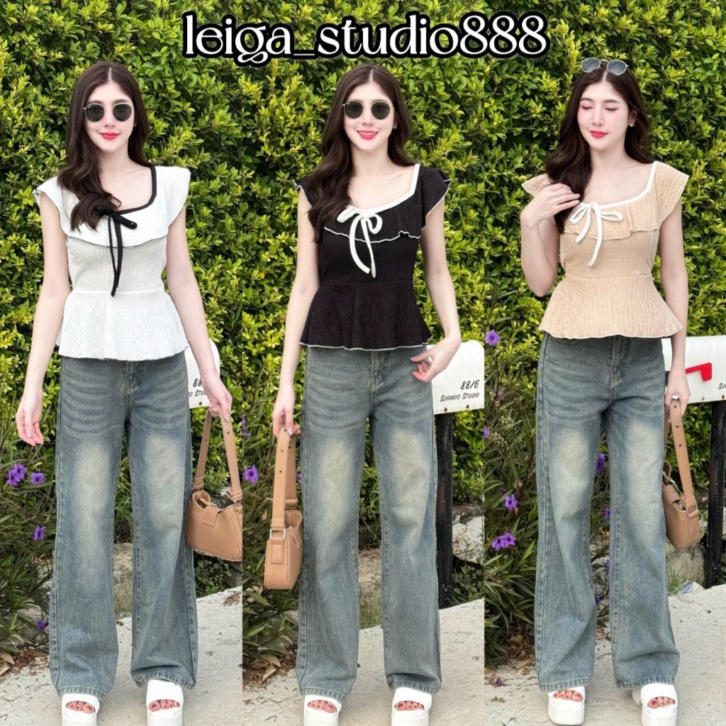 เสื้อผ้าเปลือกไม้ ผ้ายืด ใส่สบาย ปาดไหล่แขนระบาย คอแต่งกุ้น โบว์ข้าง ชายระบาย สม็อคหลัง น่ารัก มีไซส์สาวอวบ T003