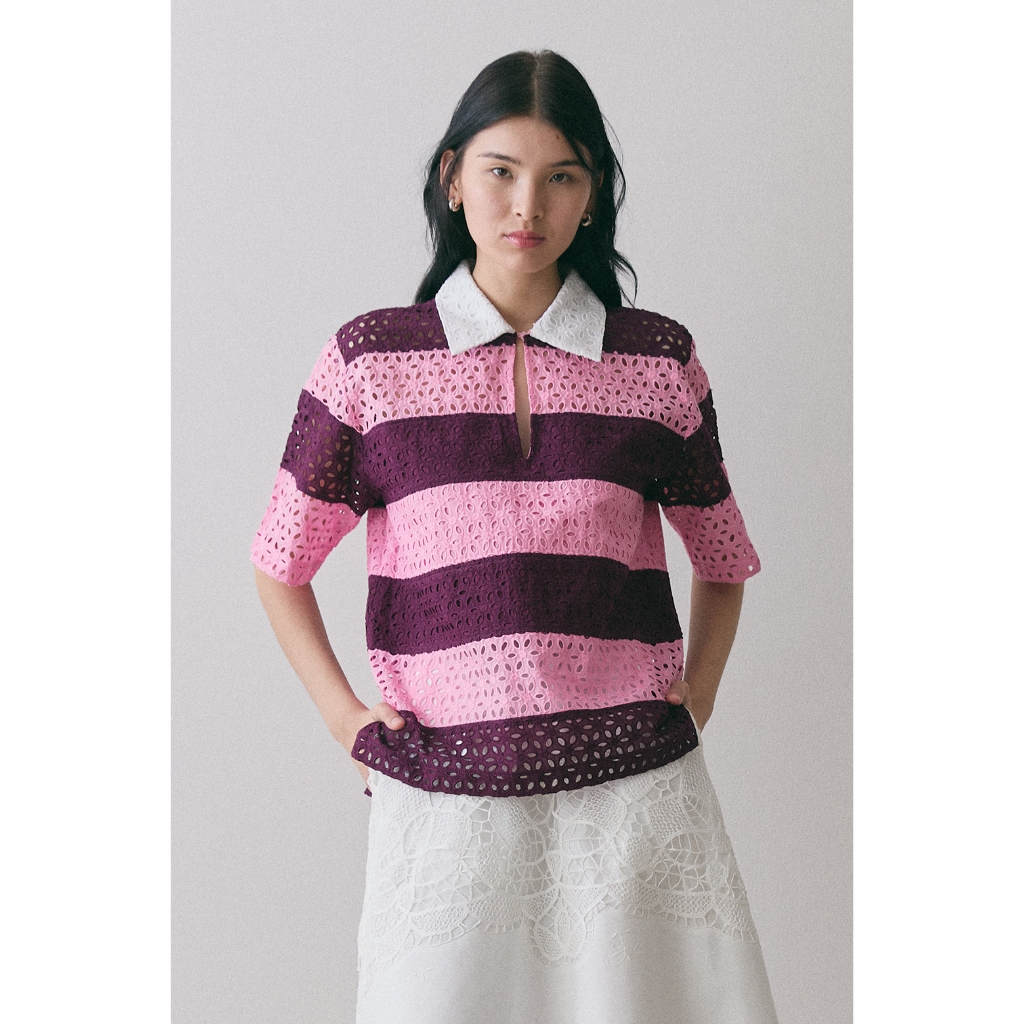 (สินค้าใหม่ !! ลอตแรก พร้อมส่ง)  Perana เสื้อเชิ้ต ผ้าลูกไม้คอตตอล Ruby Shirt ( Pink )