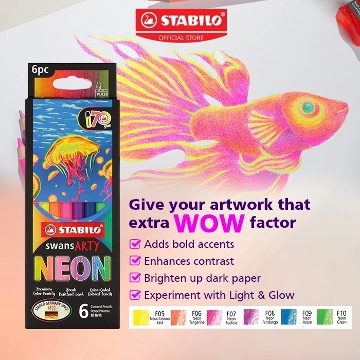 [New] STABILO Swans ARTY ดินสอสี สีไม้พรีเมี่ยม สีไม้ สีไม้แท่งยาว 6 สี Neon