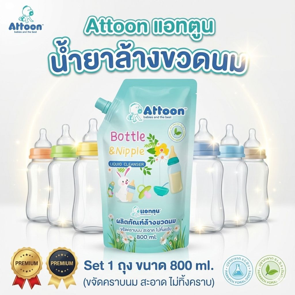 Set 1ถุง ขนาด 800 ml. Attoon แอทตูน น้ำยาล้างขวดนม ใช้ทำควาสะอาดขวดนม จุกนม
