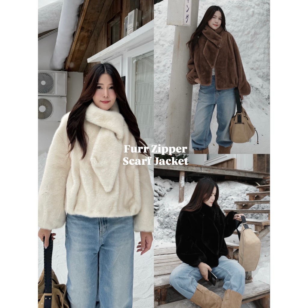 (wint.) Furr Zipper Scarf Jacket เสื้อขนเฟอร์ มาพร้อมผ้าพันคอรูดซิปถอดได้