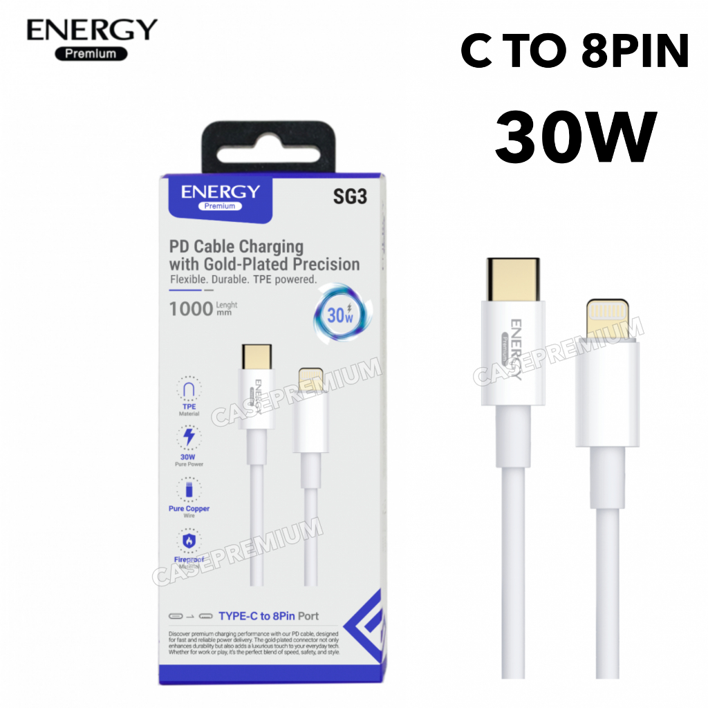 สายชาร์จ C to 8Pin ชาร์จเร็ว 3.0A 30W สายกลม แข็งแรง Fast Charge ของแท้ ยี่ห้อ energy ชาร์จเร็ว ชาร์