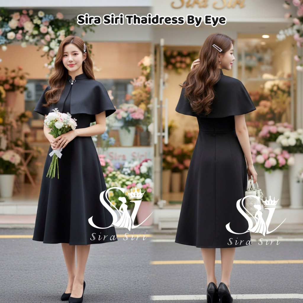 Sira Siri ชุดเดรสคลุมไหล่สีดำ (เซต 2 ชิ้น เดรสแขนกุด+ผ้าคลุมไหล่ แถมเข็มกลัดโบว์) เนื้อผ้าสูทหนานิ่ม เรียบหรู ดูดีมากจ้า