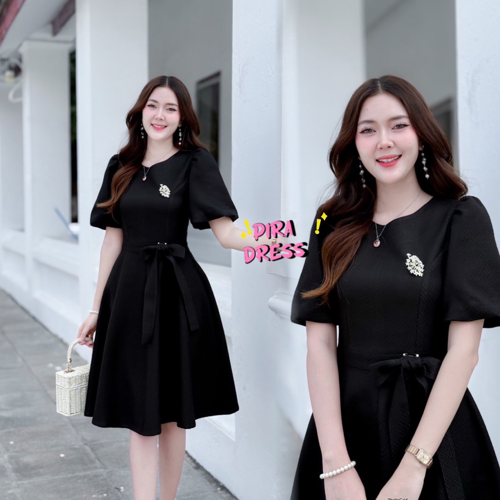 PIRA DRESS เดรสผ้าทอ อัดกาวทั้งชุด สีดำ ทรงสวย
