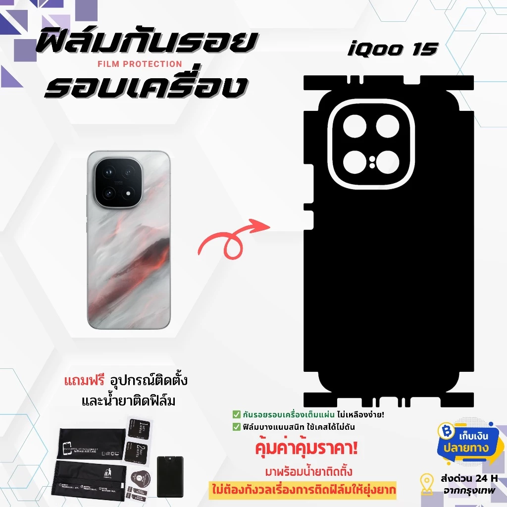 ฟิล์มกันรอยด้านหลังและขอบข้าง iQOO 15 | งานตัดเนียน แนบสนิท ใช้คู่กับเคสได้