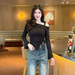 เสื้อยืดแขนยาว แฟชั่นเปิดไหล่ สายรูดผูกโบว์ เข้ารูป สไตล์เวียดนาม ใส่แมท LG085