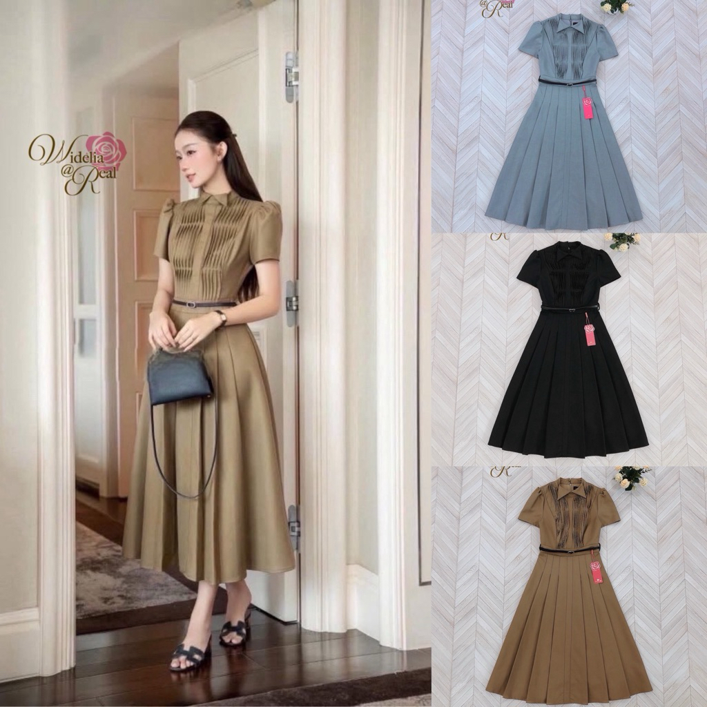 [Widelia @ Real] แม็กซี่เดรสตัวยาวแขนสั้น คอปก อกเย็บจีบตีเกล็ด กระโปรงเย็บจีบ มีเข็มหนังสีดำให้