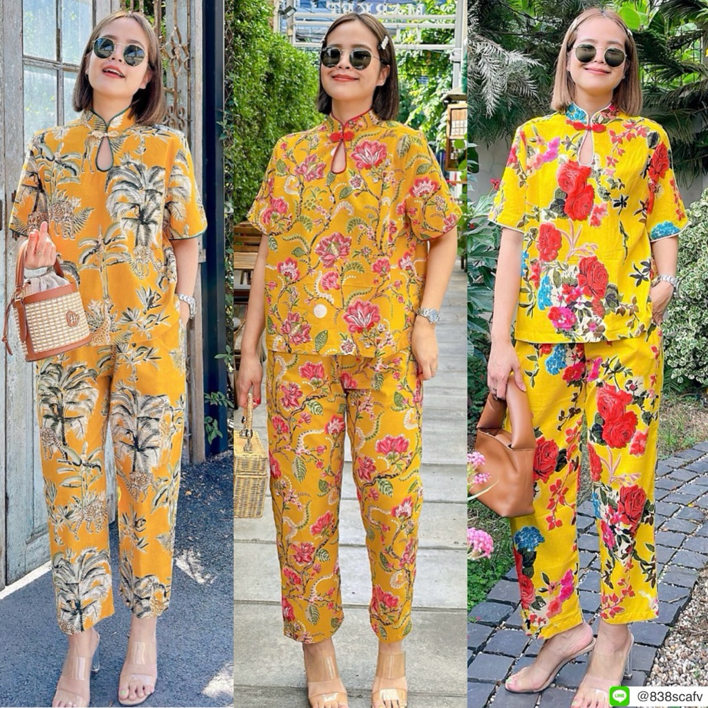 ✅พร้อมส่ง✅ ชุดเซท2ชิ้น เสื้อคอจีนหยดน้ำ อก44”  ผ้าCottonอินเดีย + กางเกงขายาว Amcorner