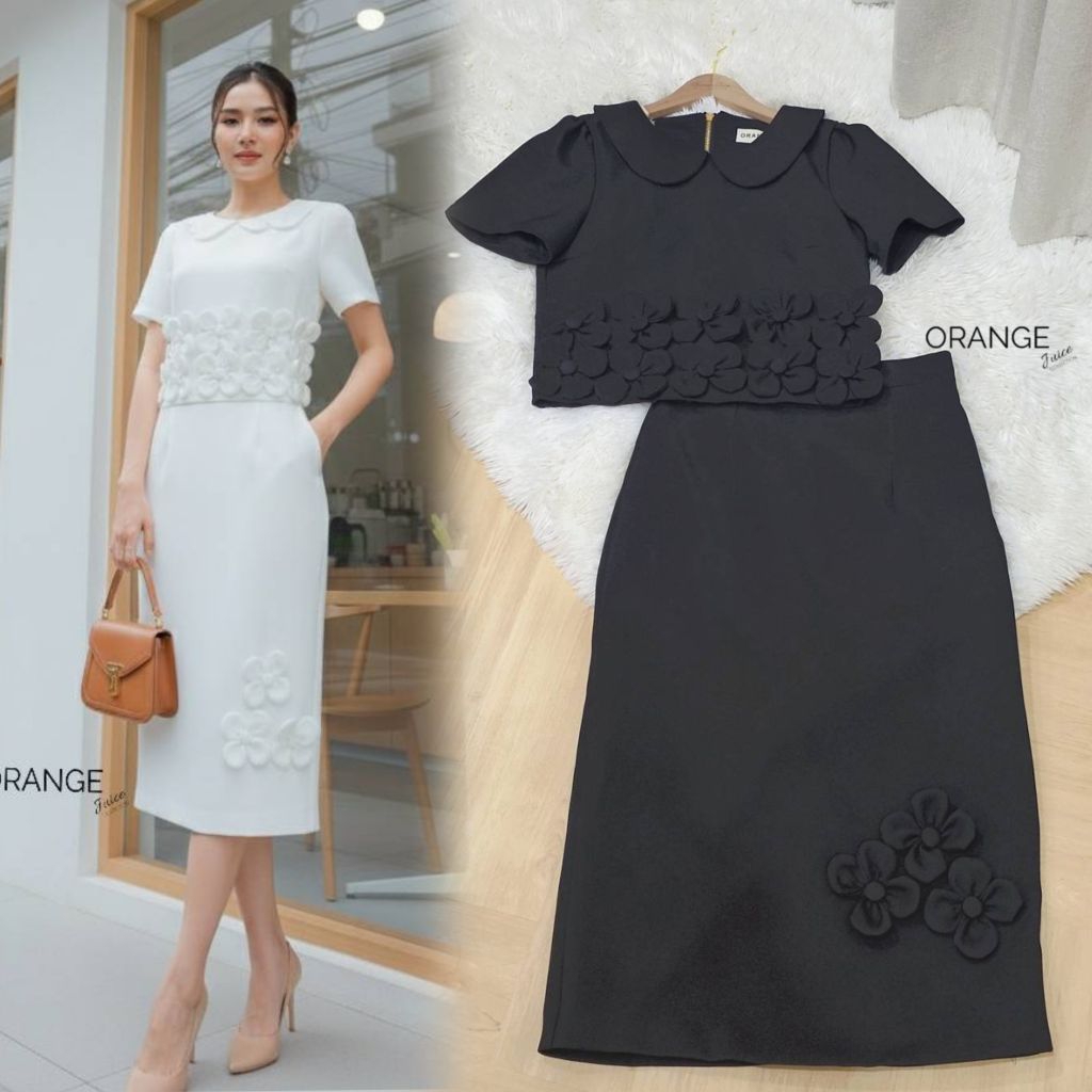 ชุดเซ็ตสีขาว ชุดเซ็ตสีดำ!!! S-5XL Set2ชิ้น ชุดสาวอวบ,เสื้อแขนสั้นแต่งดอกไม้นูน3D+กระโปรงทรงสอบ งานป้าย Orange Juice