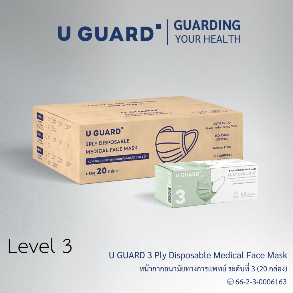 ( ยกลัง 20 กล่อง ) U GUARD MASK หน้ากากอนามัย Level 3 สีเขียวมิ้น จัดจำหน่ายโดย Med Whole Sale