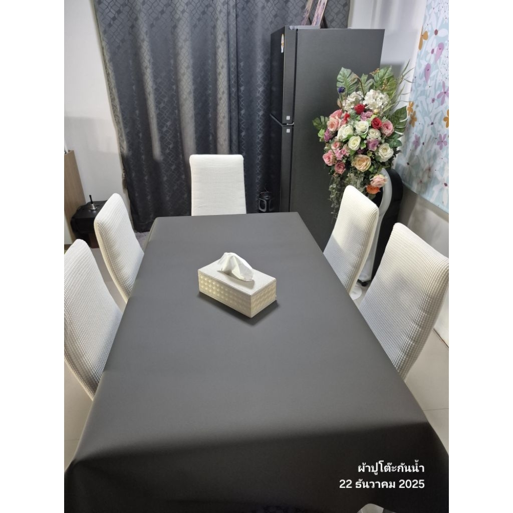 #ผ้าปูโต๊ะอาหาร PVC ผิวเปลือกลิ้นจี่ สีเทาเข้ม ขนาด 1.4m x 4m กันน้ำ กันร้อนได้ดี ทำความสะอาดง่าย ผ้าสวย หนานุ่มดี