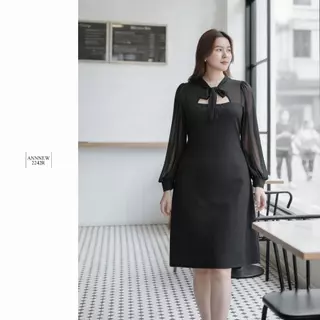 ✨ANNNEW✨ XL- 5XL เดรสผ้ายืดวูลเวฟเเต่งผูกโบว์เเขนชีฟอง 2242R