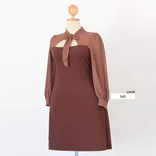 ✨ANNNEW✨ XL- 5XL เดรสผ้ายืดวูลเวฟเเต่งผูกโบว์เเขนชีฟอง 2242R